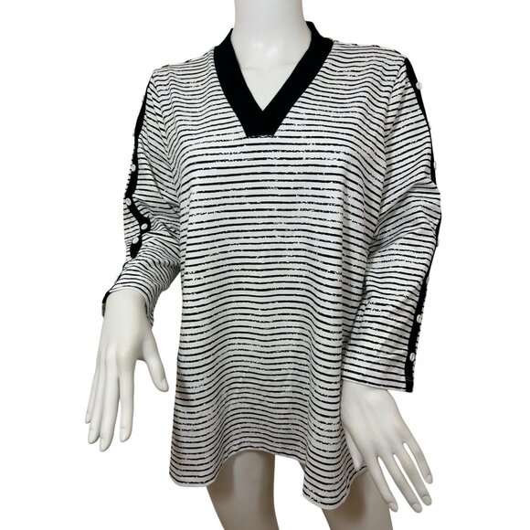 E.L.I Tunic Top XL Black White Stripes Long Sleeve V-Neck Buttons Arms Slits - Picture 1 of 15